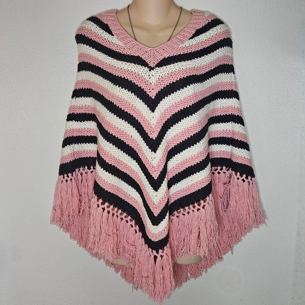 Caslon Pink Striped Crochet Fringe‎ Poncho